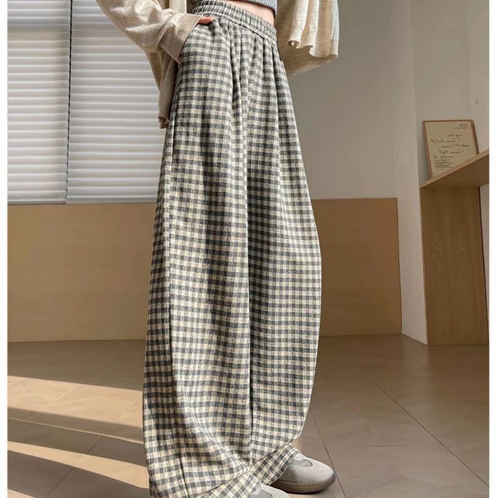 마켓피아 여성용 겨울 하이웨이스트 밴딩 체크 와이드 팬츠