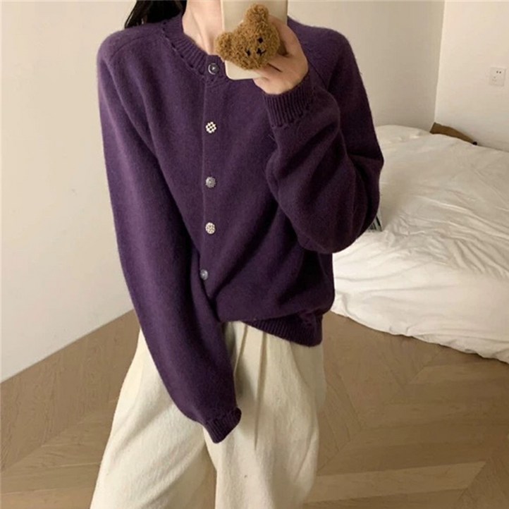 메이첼 여성용 러비터치 스티치 라운드넥 가디건 10845