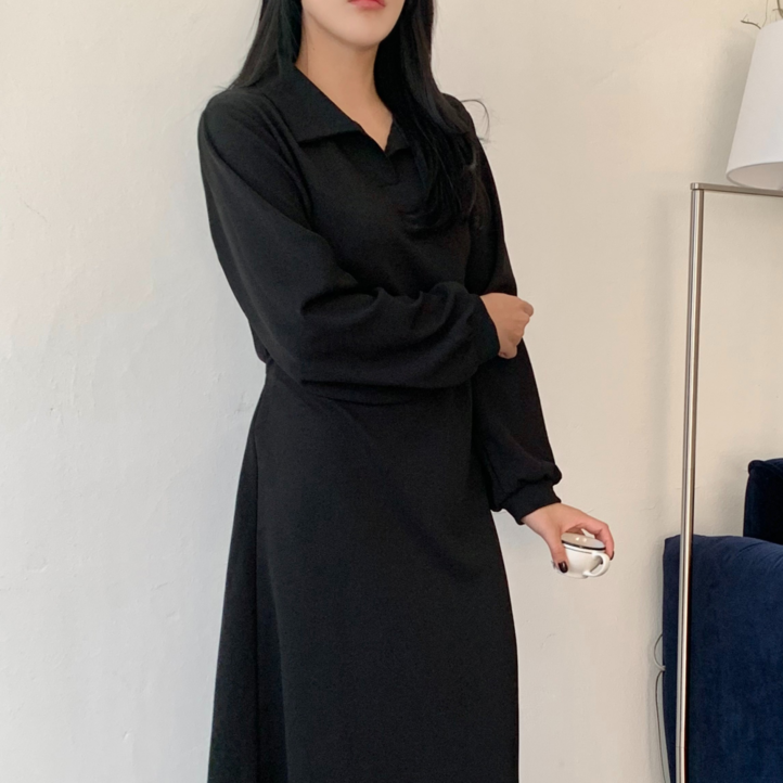더한땀 소프트 카라 허리끈 긴팔 롱 원피스 더한땀 소프트 카라 허리끈 긴팔 롱 원피스