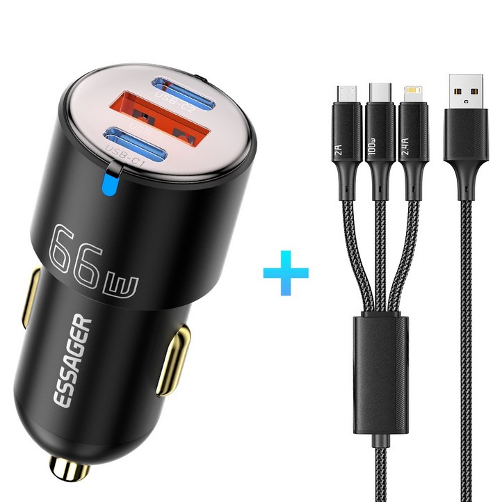 Essager 66W PPS PD3.0 QC3.0 3포트 고속 차량용 충전기, 66W 블랙