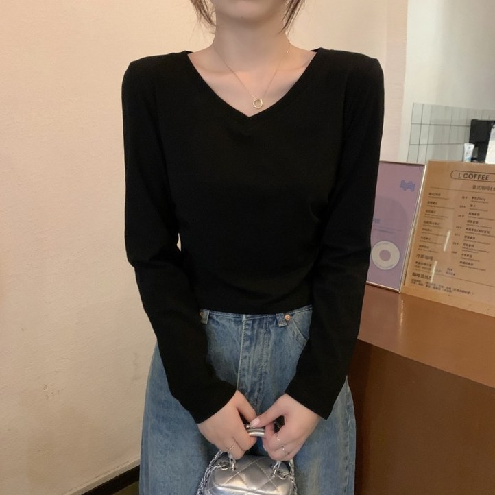 완스몰 케덴 브이넥 크롭 긴팔 티셔츠  tt28550