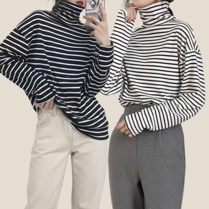 여자 오버핏 루즈핏 가을 겨울 스트라이프 목폴라 이너 데일리 널널스트라이프목폴라티