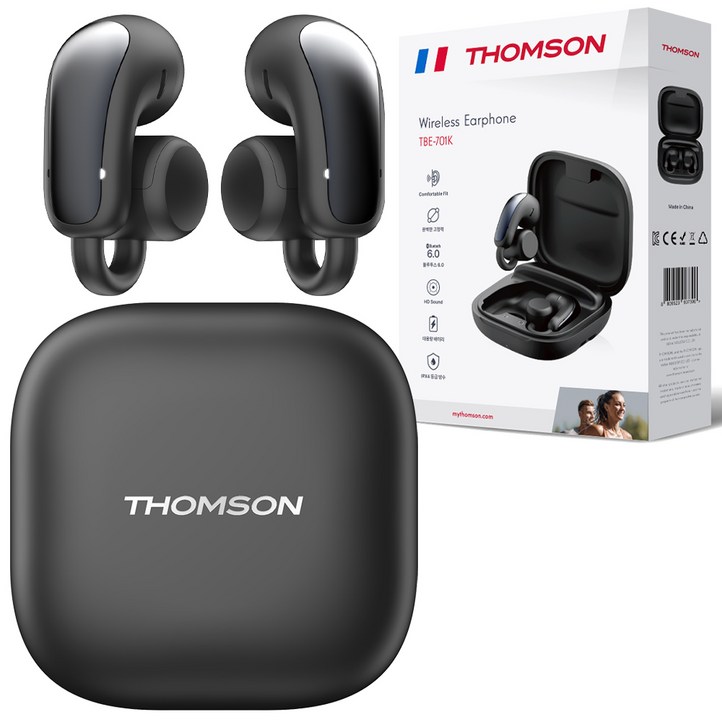 프랑스 톰슨 블루투스 6.0 ENC 노이즈 캔슬링 생활 방수 오픈형 귀걸이 무선 블루투스 이어폰, 블랙, TBE701K