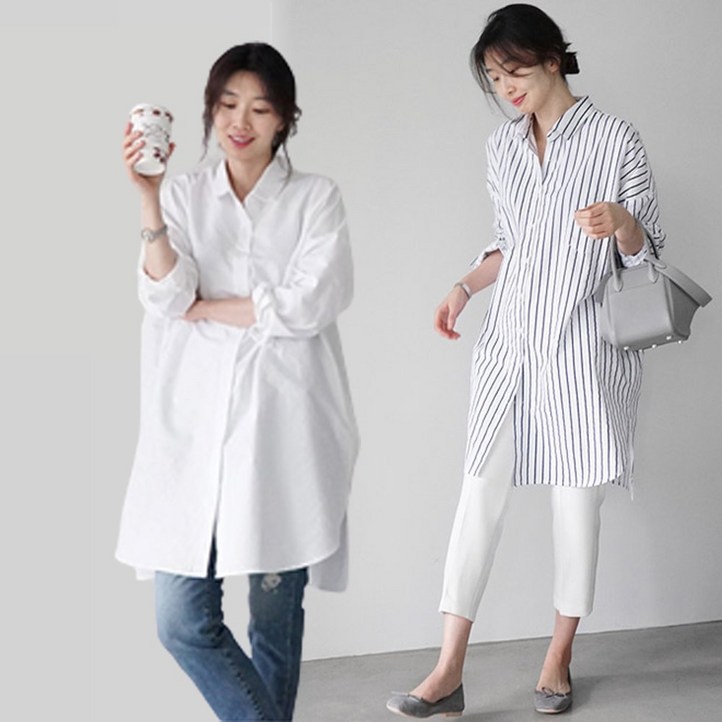 뽀뽀해피 여성 루즈핏 롱 셔츠 빅사이즈 스트라이프화이트 롱 남방 셔츠 뽀뽀해피 여성 루즈핏 롱 셔츠 빅사이즈 스트라이프화이트 롱 남방 셔츠