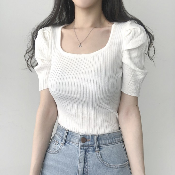 리리의감각 여성 글램핏 스퀘어넥 봄 퍼프소매 반팔 니트티셔츠