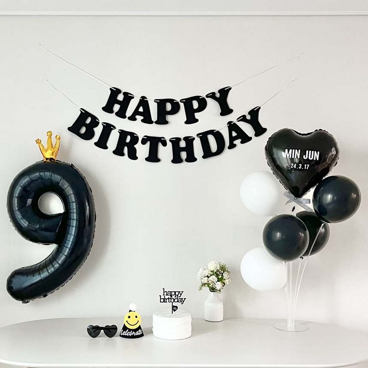 연지마켓 생일가랜드 생일 파티 용품 세트 숫자 하트 풍선 자유레터링, 1세트, 블랙