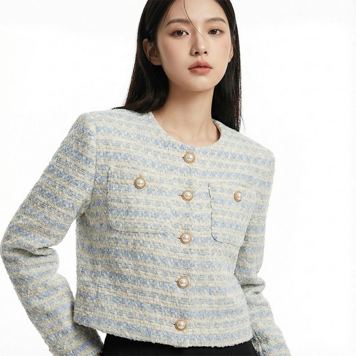엘바리스 여성 노카라 진주 버튼 하객룩 간절기 니트 트위드 가디건 자켓