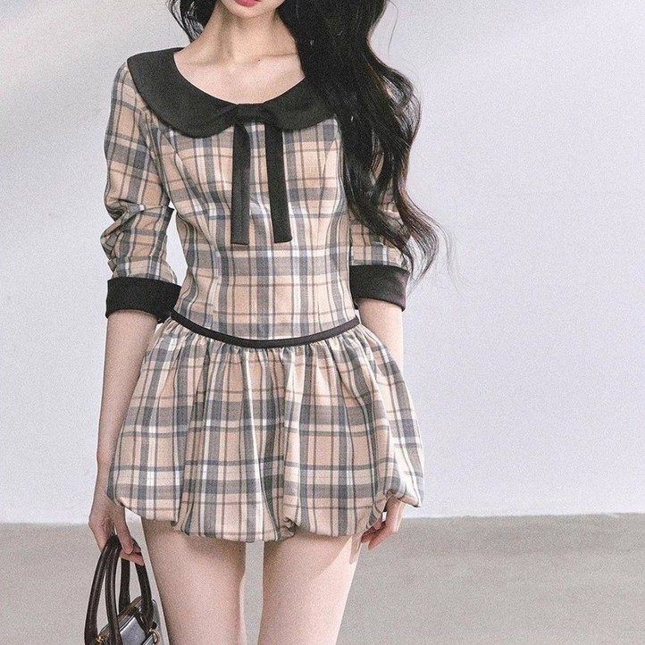 COSYEVNO  여성 춘하 패턴 리본 타이 긴팔 미니 원피스 벌룬 스커트 TZKlyq3