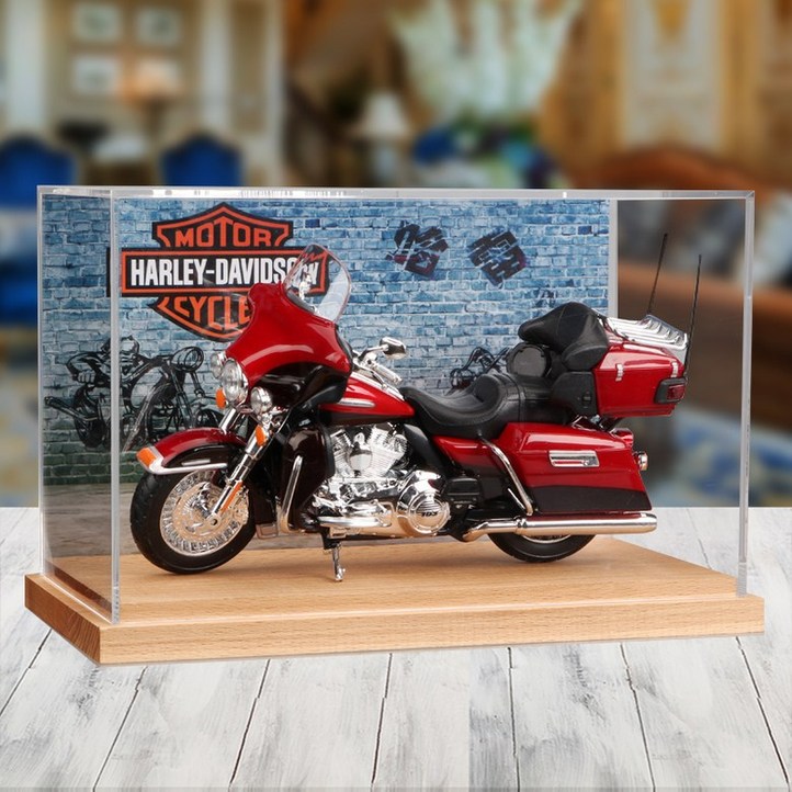 할리 데이비슨 피규어 오토바이 미니어처 아이언 883 로드킹 바이크 시리즈 취미 수집 장식 모형, 슈프림 글라이딩 레드  나무 베이스  배경 디스플레