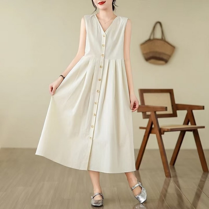 루스리더 여성용 브이넥 단추 민소매 롱 원피스 ES51