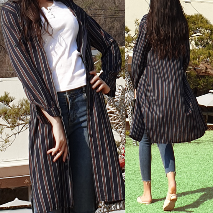 스트라이프 롱 로브 셔츠