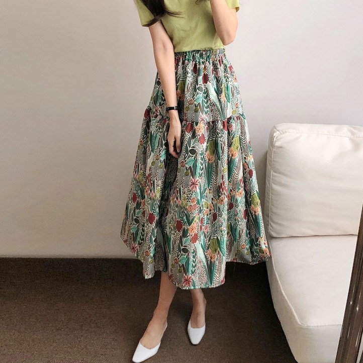 요시아나 당일발송 그린 플라워 자가드 플레어 밴딩 롱스커트