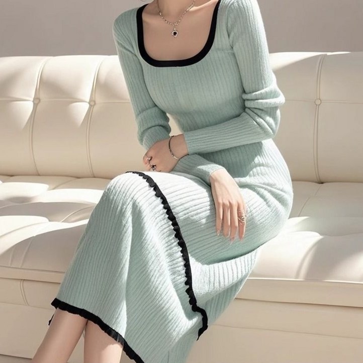 COSYEVNO  여성 봄가을 긴팔 니트 슬림 롱 원피스 스퀘어넥 배색 TZKzzlyq10