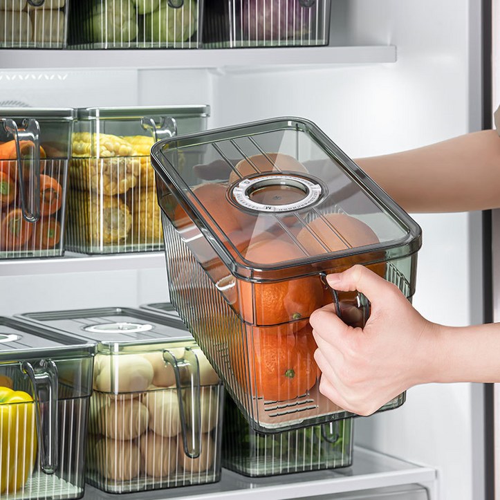 JENMV 냉장고 수납 용기 투명 냉장고 보관함 PET 물빠짐 휘어지는 냉동실 정리용기 냉장고 수납 바구니 냉장고 수납걸이 냉장고 정리함 냉장고 보관함 투명용기 냉장고정리용기, 4개