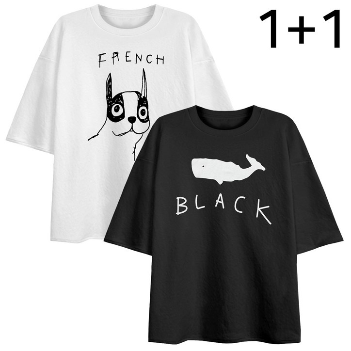 엠제이스타 2장묶음 [1+1] 오버핏 반팔 티셔츠 프렌치펫 + 흑백고래 남녀공용 반팔티