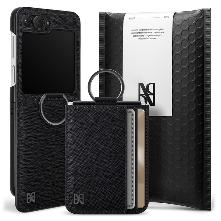 어썸디자인 오블리크 힌지 보호 수제 가죽 카드 지갑 휴대폰 케이스  링 세트