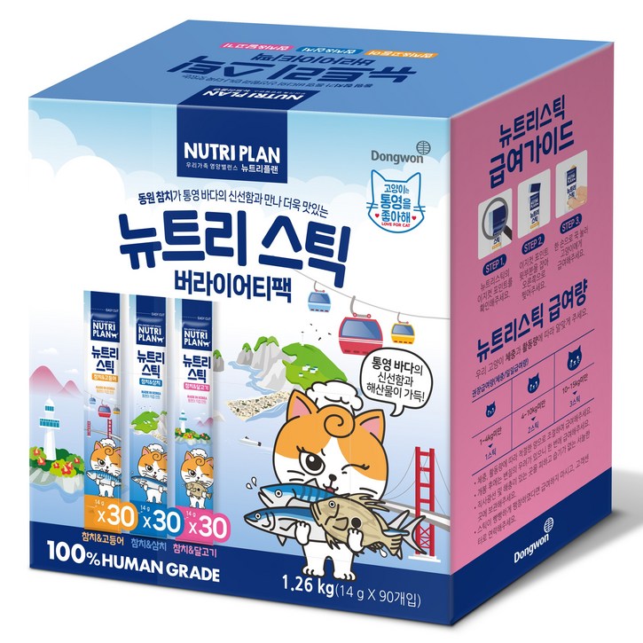 동원뉴트리플랜 고양이 통영스틱 버라이어티팩 짜먹는 간식 90p, 참치 + 삼치 혼합맛, 참치+고등어 혼합맛, 참치 + 달고기 혼합, 1.26kg, 1개