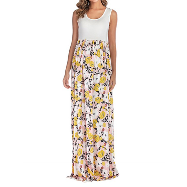 출산 비치웨어 플라워 리프 패턴 임산부 민소매 원피스