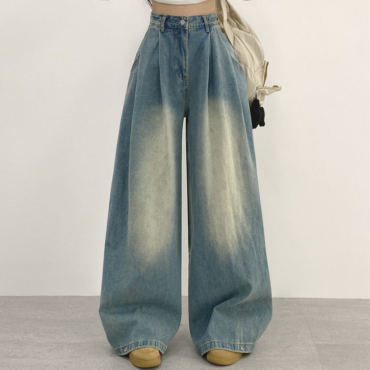 여성용 유니크 핀턱 와이드 데님 팬츠