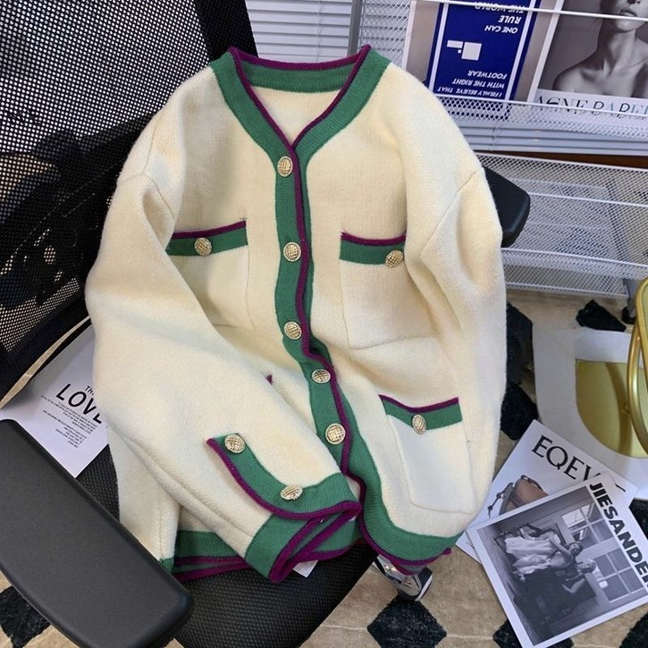 COSYEVNO 여성 가디건 겨울 배색 빅사이즈 라운드넥 스타일리쉬한 긴팔 숏 샤이니 코트 CXJks13