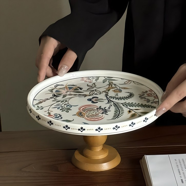 인테리어 소품 원목 세라믹 플라워 도자기 원형 하이트레이 24, A