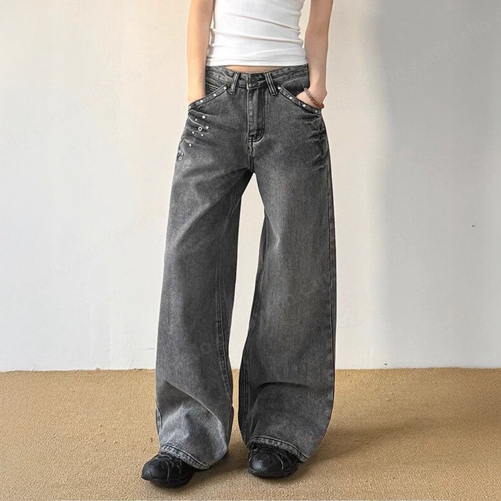 cammello 빈티지 유니크 스터드 와이드 데님 팬츠 여성 뒷밴딩 루즈핏 청바지 Y2K