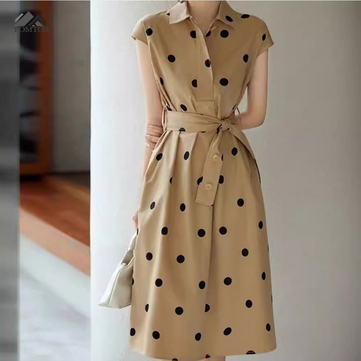 POMTOR 여성 여름 도트 민소매 원피스 루즈핏 튜닉 하객 롱 원피스