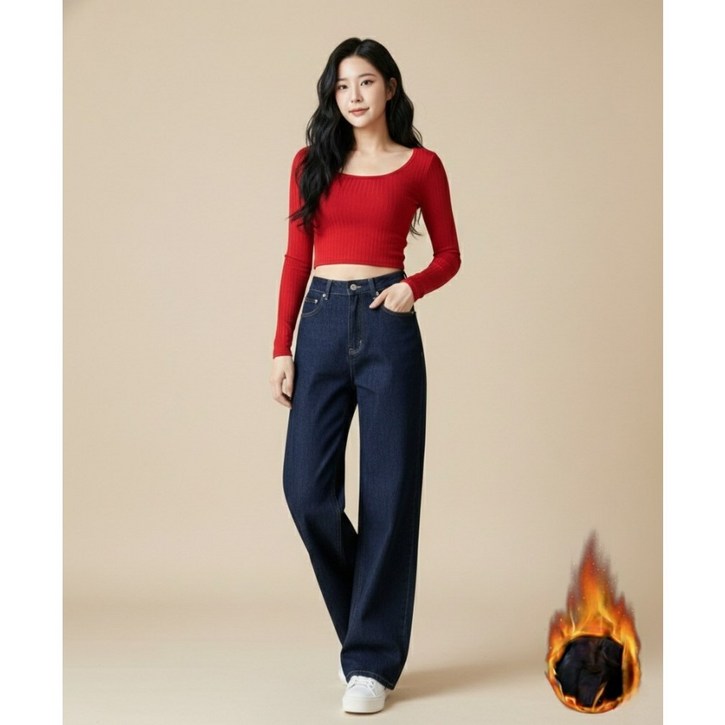 Shopflix 여성 기모 따뜻한 와이드 청바지 안감융털 겨울바지