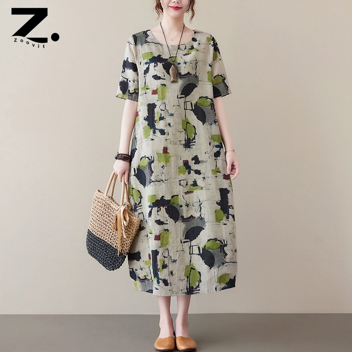 zoovit 여름 엄마 문예 루즈핏 면 마 프린트 라운드 반팔 롱원피스