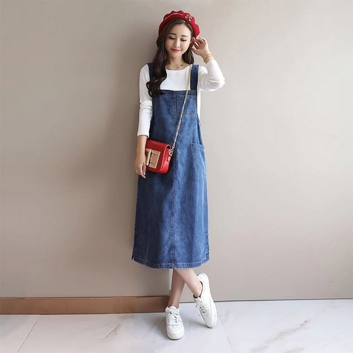 여성 데님 포켓 민소매 멜빵 귀여운 원피스 점프수트 포켓데님롱원피스