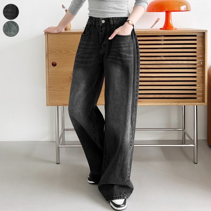 바비팩토리 여성용 사이드 핀턱 절개 데님 와이드팬츠 롱기장 워싱 청바지