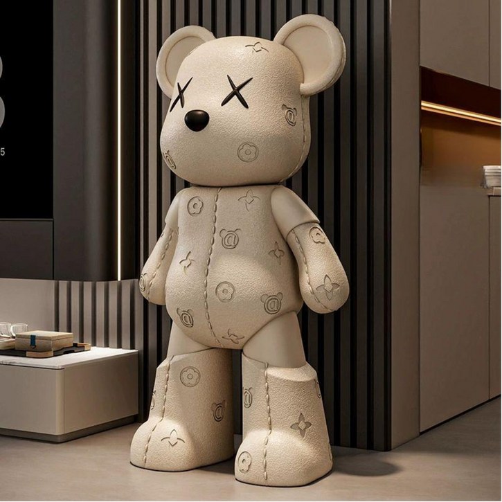 홈라이브러리 동글동글 귀여운 곰돌이 대형피규어 거실장식품 인형소품 집들이선물 추천, 베이지+블랙둥근받침대 높이91.5cm A