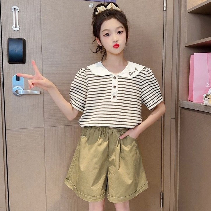 중학생 여름 세트 피터팬 칼라 스트라이프 반팔티 반바지 투피스 GEUMI0026