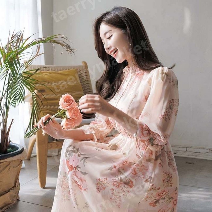 꽃무늬원피스 긴팔꽃무늬 쉬폰 Chiffon Dress Fashion tend Spring and Summer Women Elegant