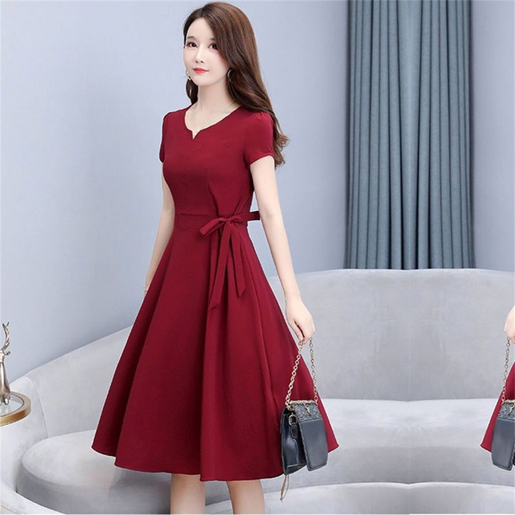 besteffie 여성용 여름 반팔 브이넥 미디 드레스 심플한 디자인 고급스러운 미디 길이 K37