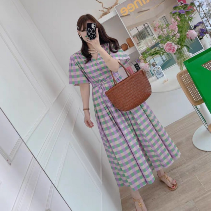 여성 반팔원피스 체크 롱원피스