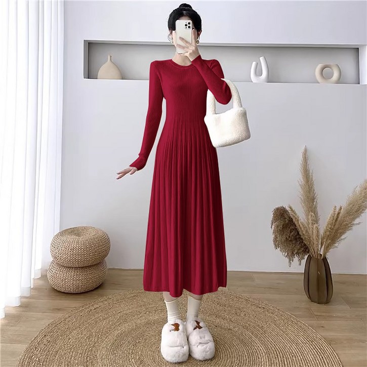 [베스트셀러] 지고다그 여성용 슬림핏 신축성 좋은 라운드넥 주름 롱기장 니트 원피스 YY33842