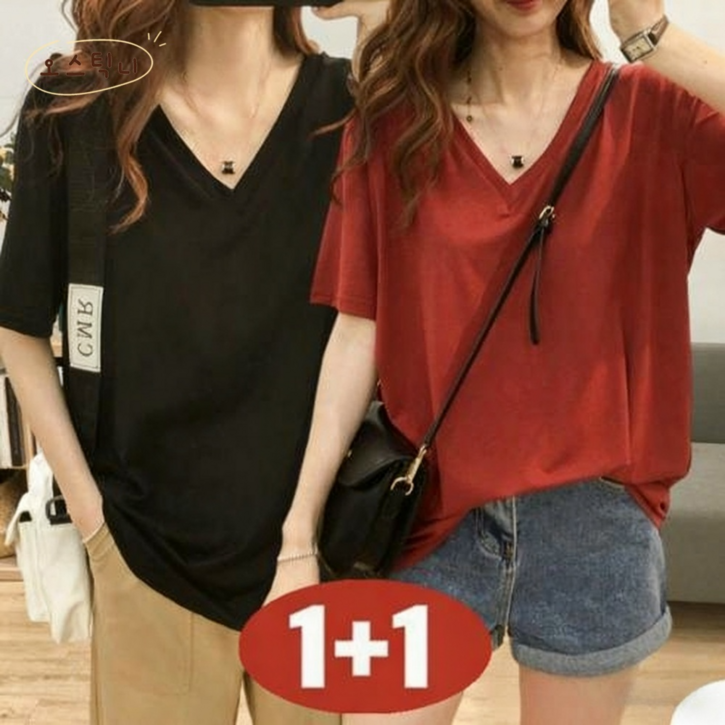 오스틱니 완전 편한 150kg까지 빅사이즈 11 여성 브이넥 솔리드 일자 티셔츠 반팔 여름 원단좋은 루즈핏 오버핏 날씬해보이는 심플 데일리 패션 기본티 미디티 면 박스티 티