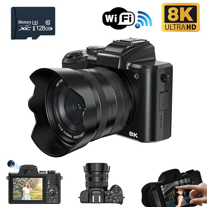 ENITIME 8K 디지털 카메라 wifi HDMI 자동초점 8000W픽셀 전후면 듀얼 카메라 16X디지털 줌 3.2인치 IPS터치스크린128G SD카드 초보자를 여행 셀카카메라