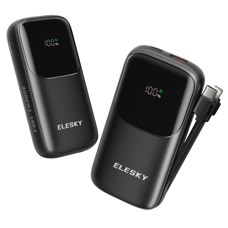 ELESKY 일체형 초고속충전 미니 보조배터리 PD 22.5W C타입  8핀 케이블  LED 잔량표시 10000mAh, 블랙