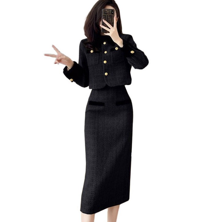 SMLY 여성용 트위드 카라 크롭자켓H라인롱스커트 투피스 여자 오피스 정장자켓 스커트 세트
