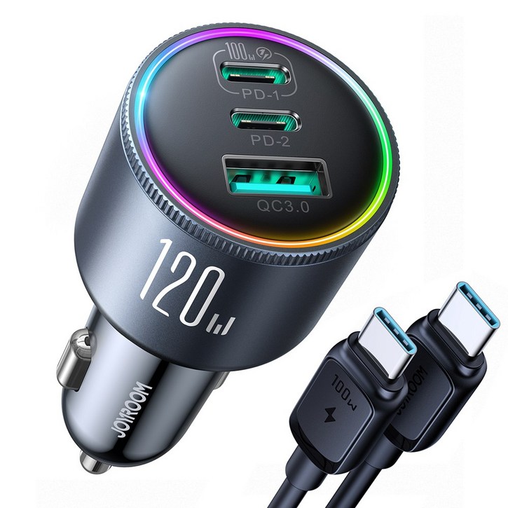 아이베리 조이룸 120W PD 3.0 PPS QC 3.0 3포트 차량용 초고속 시거잭 충전기  100W 케이블 100W 35W 18W 단독 출력