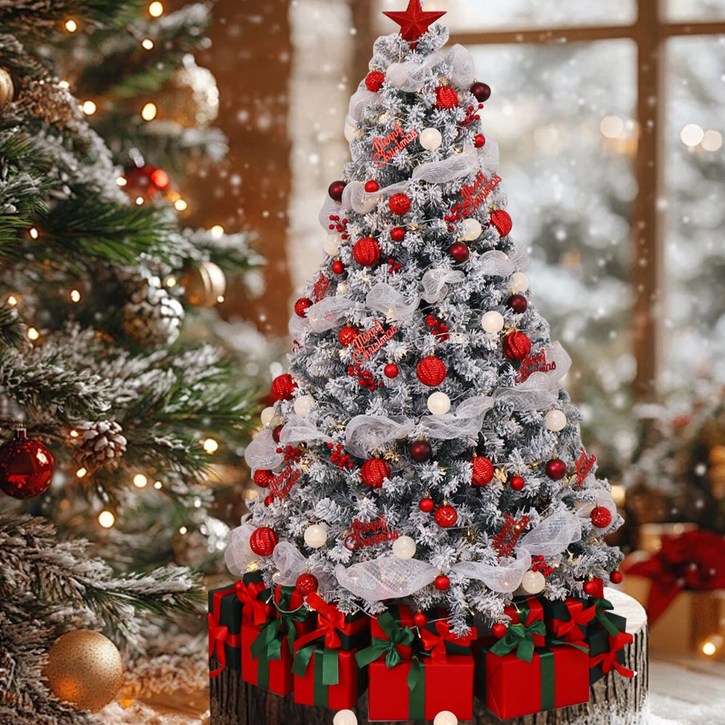 고품질 레트로 미니 크리스마스트리 세트, 받침대, LED 조명 및 다양한 정교한 장식품 포함. 거실, 쇼핑몰 등 실내외 장소에 적합합니다. 트리 본체는 모두 녹색,140cm, 벨벳 부르고뉴 세트