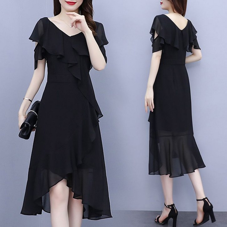 여성 A라인 쉬폰 반팔 원피스 미디 롱 언발 원피스 하객 원피스 시픈 플레어 스커트