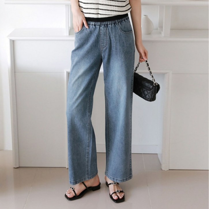 여성용 밴딩 청바지 일자 와이드 봄 여름 데님 일자핏 팬츠 하체커버 빅사이즈까지