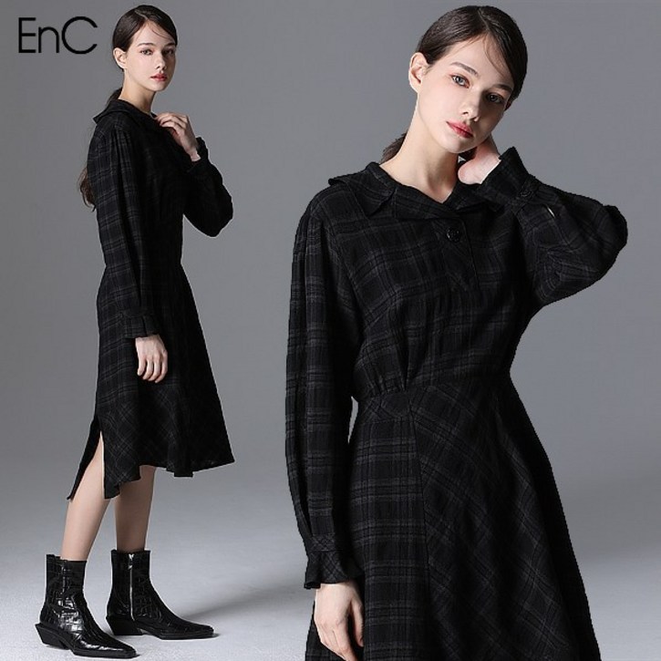 이엔씨 EnC  체크 프릴 롱 울 원피스 (택가격: 359000원)