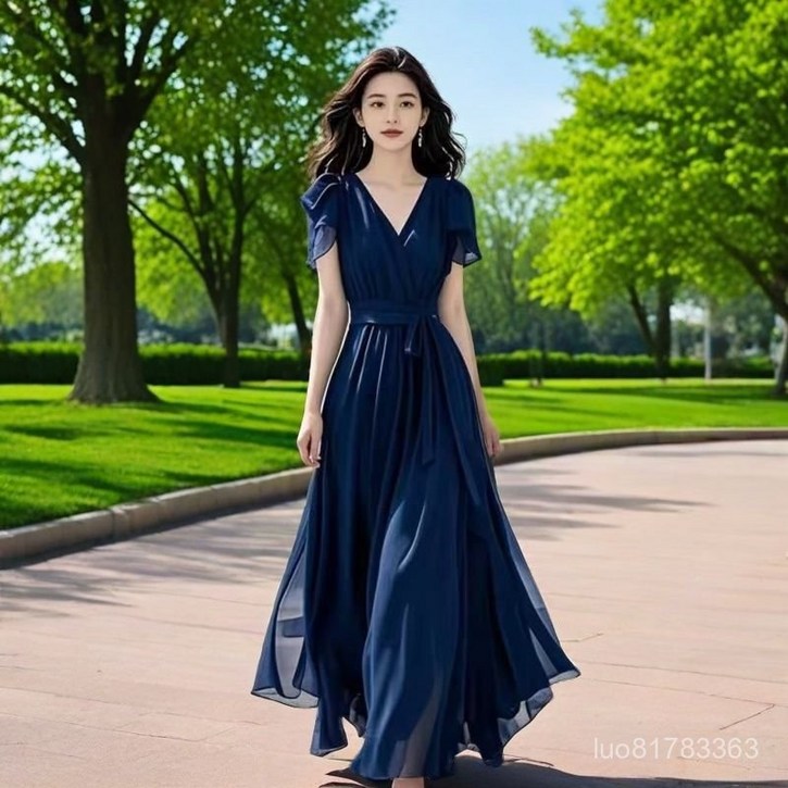 Yellwell 여성용 네이비 쉬폰 롱 원피스, 허리 리본 스트랩 드레스 LZZ