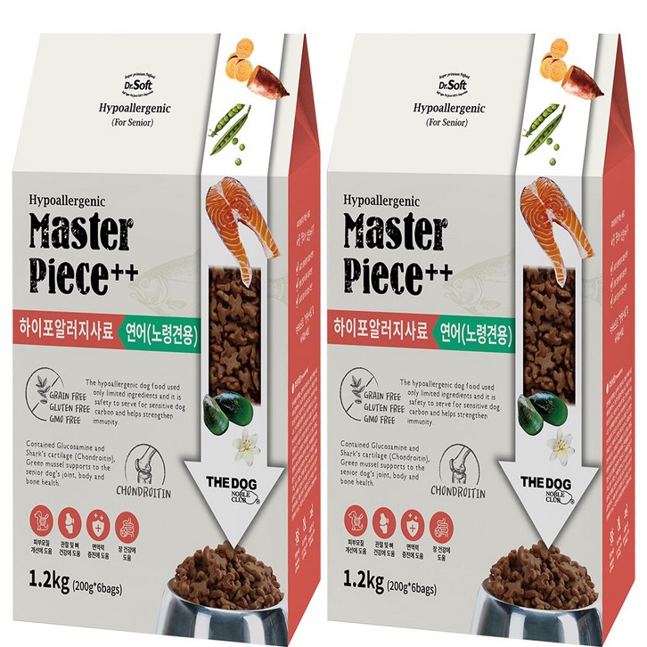 더독 노령견용 닥터소프트 명작 하이포알러지사료 연어 소프트사료 2p, 연어, 1.2kg, 2개