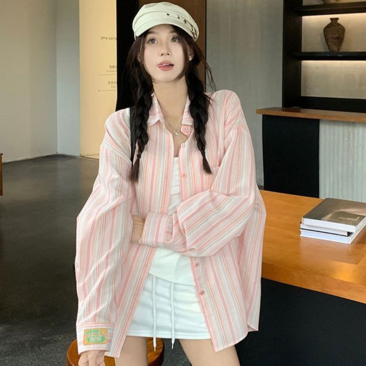 선빛 여성용 프레시 스트라이프 간절기 데일리 루즈핏 셔츠