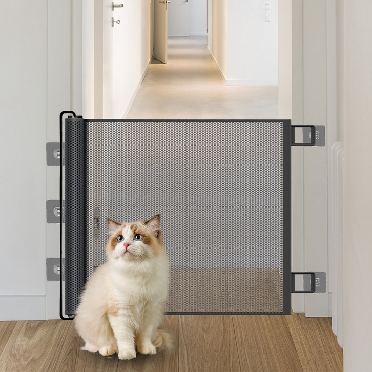 슈퍼인 강아지안전문 반자동 롤링 메쉬 무타공 고양이 안전문, 1개, 블랙